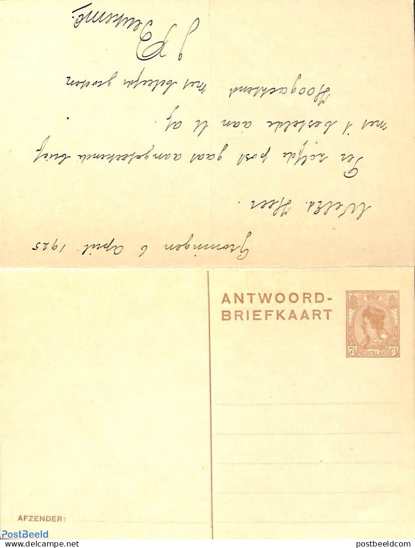 Netherlands 1925 Reply Paid Postcard 7.5/7.5c, Used Postal Stationary - Cartas & Documentos