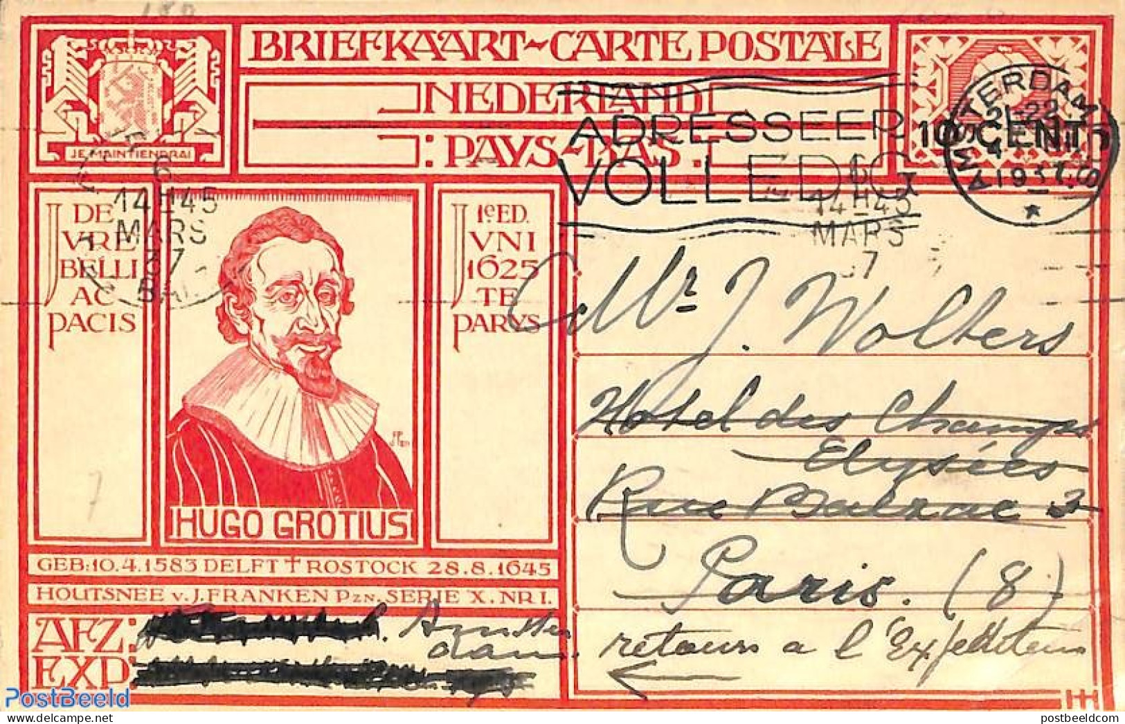 Netherlands 1926 Postcard 10c On 12.5c, Hugo Grotius, Used Postal Stationary - Covers & Documents