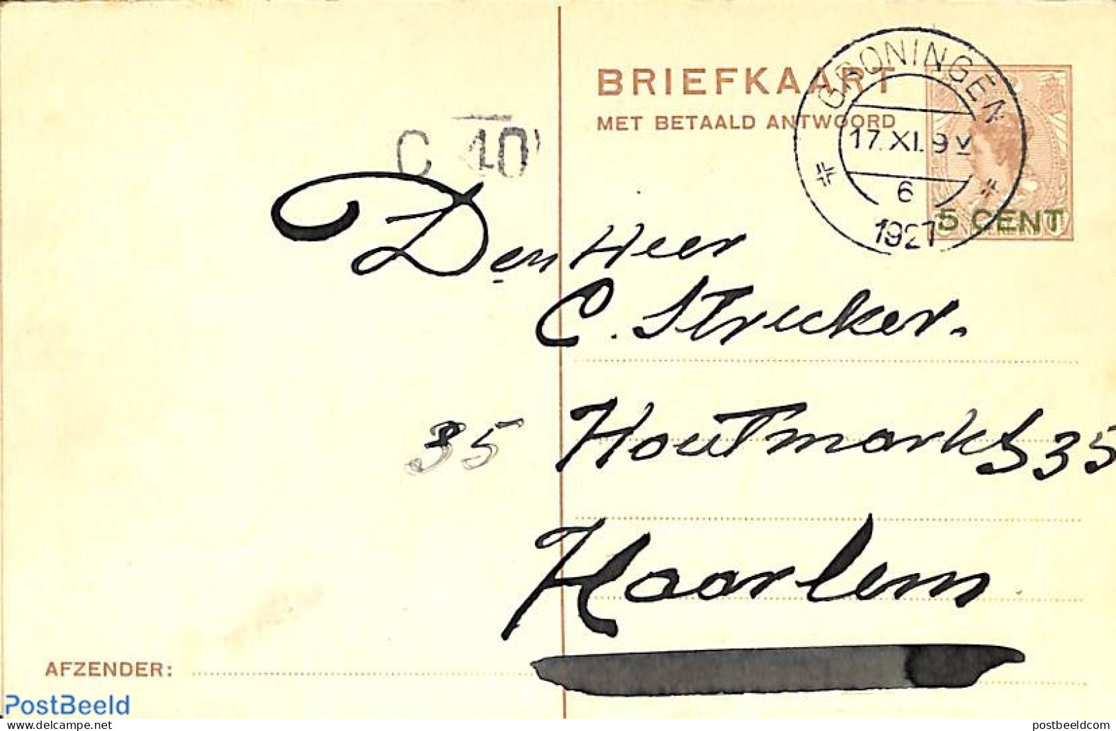 Netherlands 1927 Reply Paid Postcard 5/5 On 7.5/7.5c, Used Postal Stationary - Cartas & Documentos