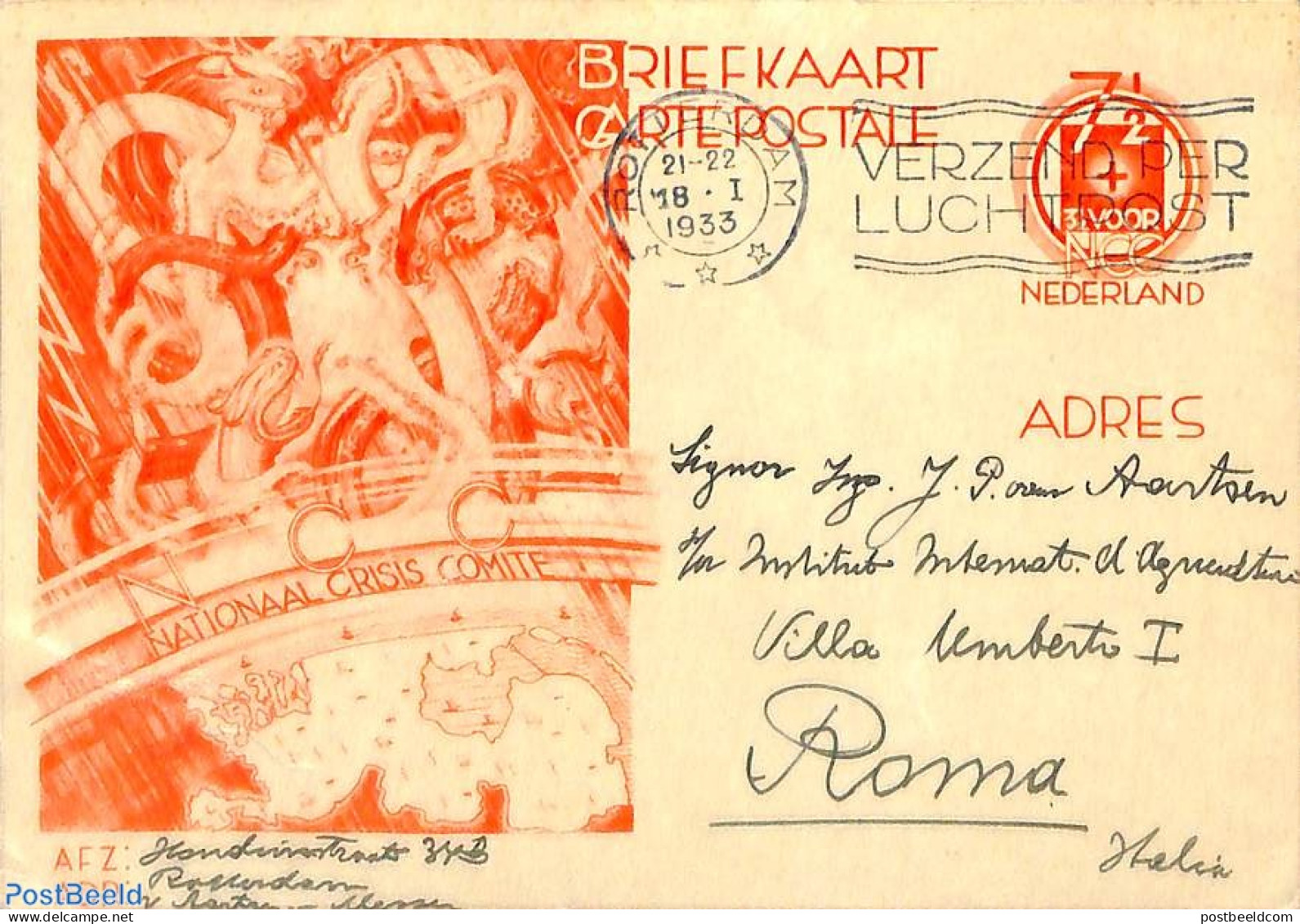 Netherlands 1933 POstcard 7.5+3.5c, Used Postal Stationary - Lettres & Documents
