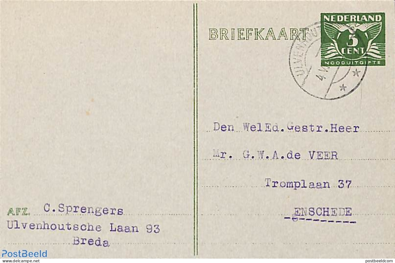 Netherlands 1945 Postcard 5c, Used Postal Stationary - Covers & Documents
