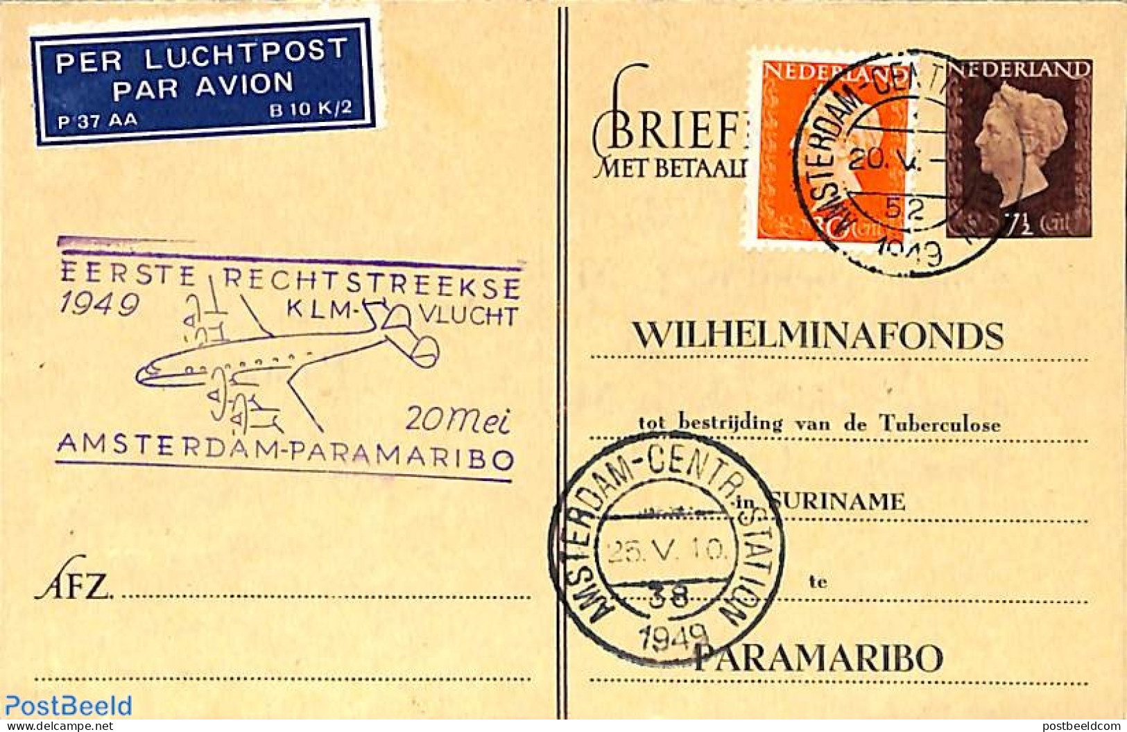 Netherlands 1949 Reply Paid Postcard 7.5/7.5c, Uprated, Used Postal Stationary - Briefe U. Dokumente