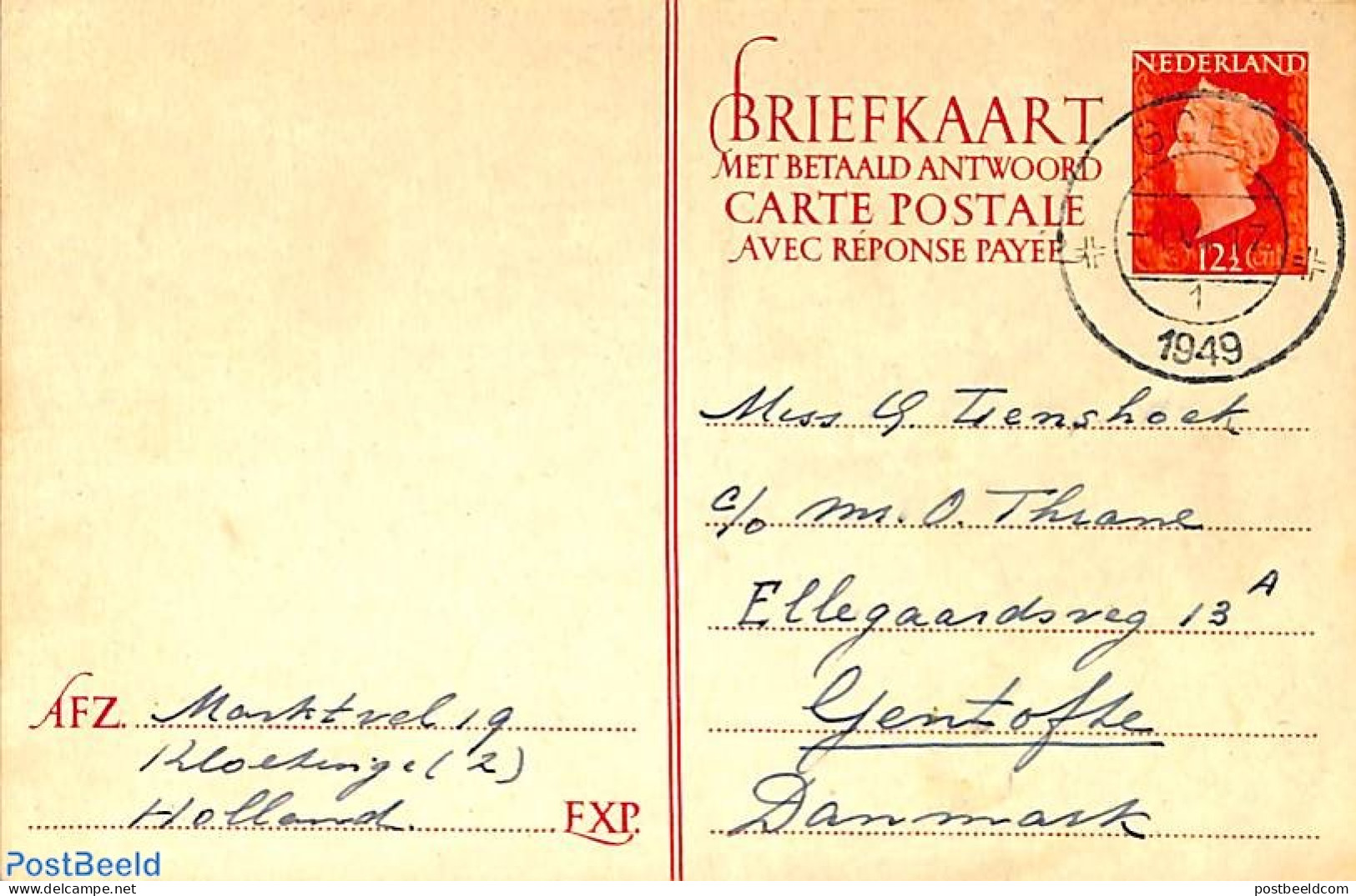 Netherlands 1947 Reply Paid Postcard 12.5/12.5c, Used Postal Stationary - Briefe U. Dokumente