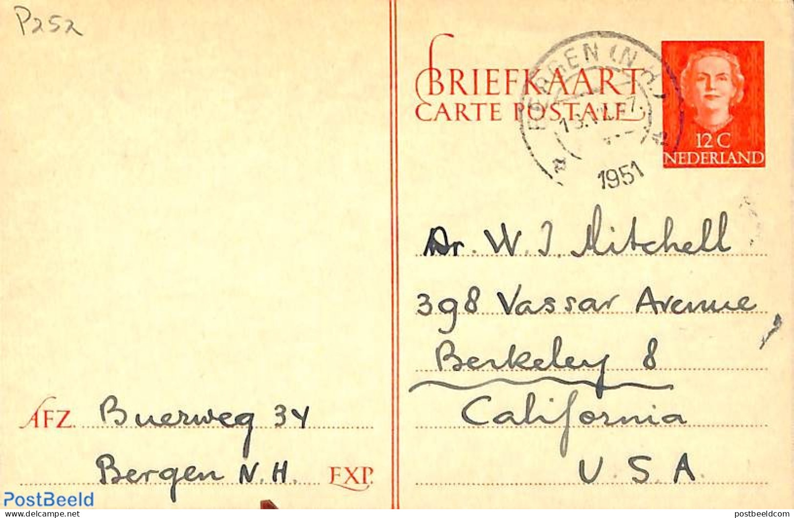 Netherlands 1951 Postcard 12c, Red, Used Postal Stationary - Cartas & Documentos