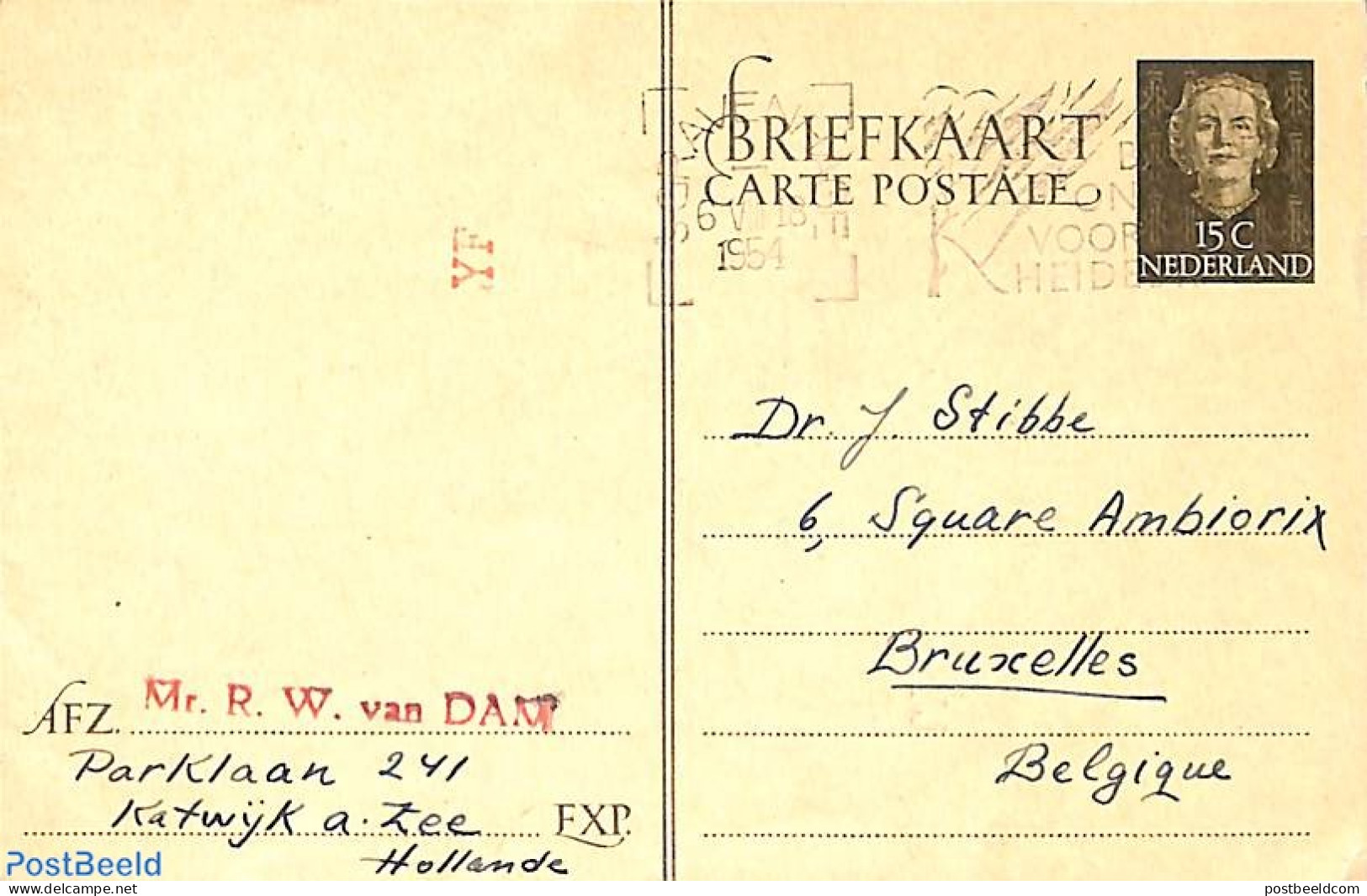 Netherlands 1953 Postcard 15c, Used Postal Stationary - Storia Postale