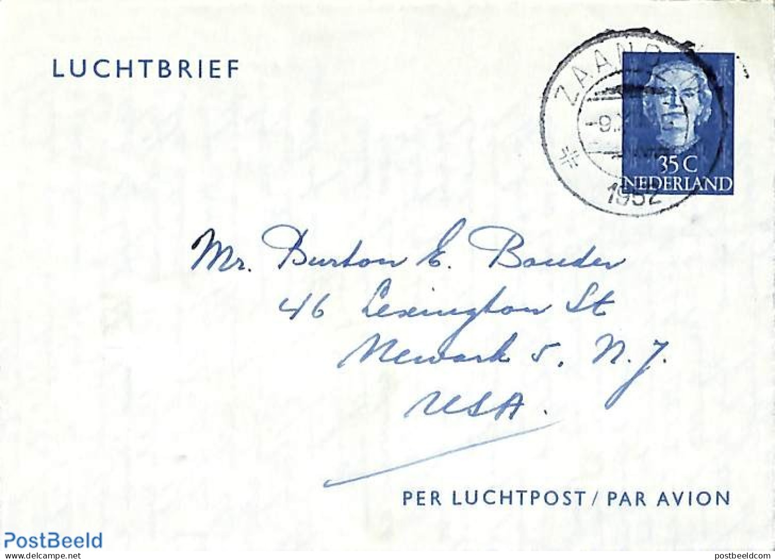 Netherlands 1952 Aerogramme 35c, To USA, Used Postal Stationary - Briefe U. Dokumente