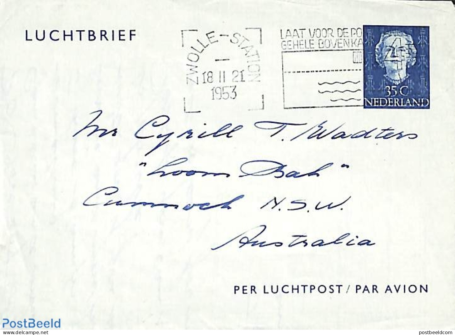 Netherlands 1952 Aerogramme 35c To Australia, Used Postal Stationary - Storia Postale