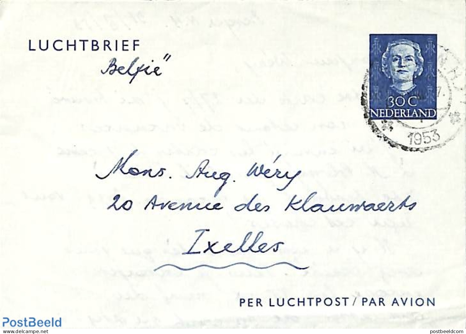 Netherlands 1953 Aerogramme 30c, To Belgium, Used Postal Stationary - Briefe U. Dokumente