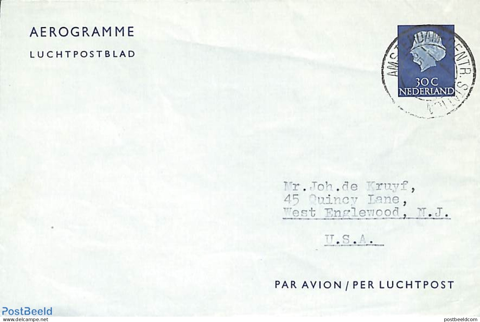 Netherlands 1953 Aerogramme 30c To USA, Used Postal Stationary - Storia Postale