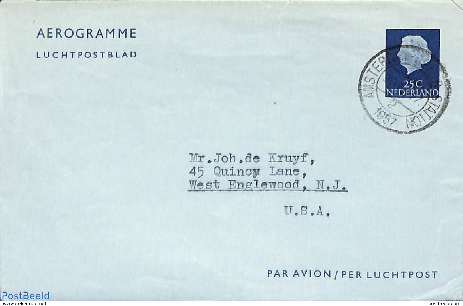 Netherlands 1955 Aerogramme 25c, To USA, Used Postal Stationary - Briefe U. Dokumente