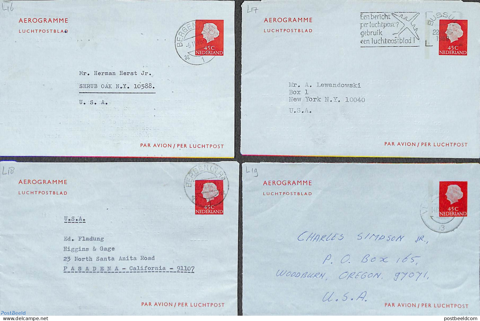 Netherlands 1967 Set With 4 Diff. Aerogrammes 45c (Geuzendam Numbers L18-L21), Used Postal Stationary - Cartas & Documentos