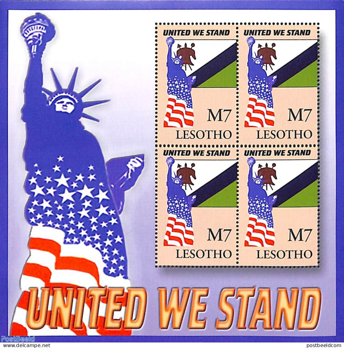 Lesotho 2002 United We Stand M/s, Mint NH, History - Flags - Art - Sculpture - Beeldhouwkunst