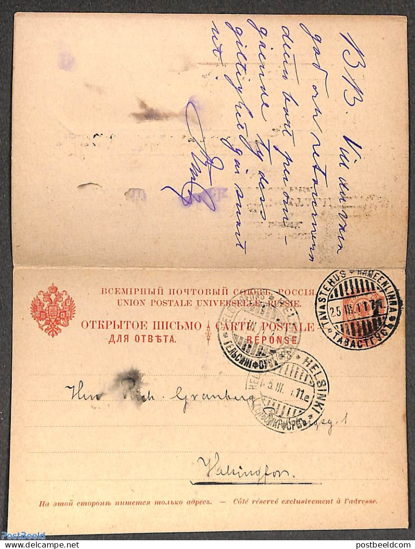 Finland 1891 Reply Paid Postcard 4/4k, Used Postal Stationary - Lettres & Documents