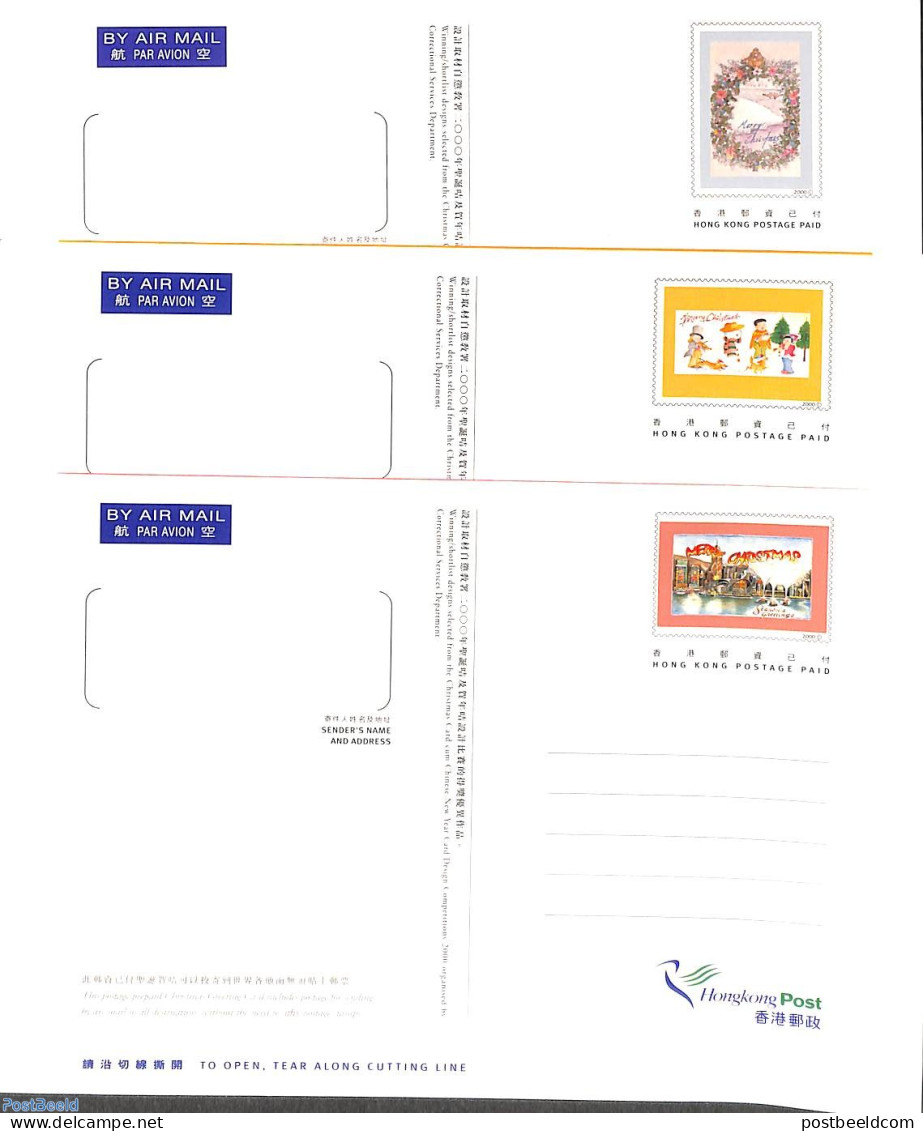 Hong Kong 2000 3 Postcards Christmas, Airmail, Unused Postal Stationary - Covers & Documents