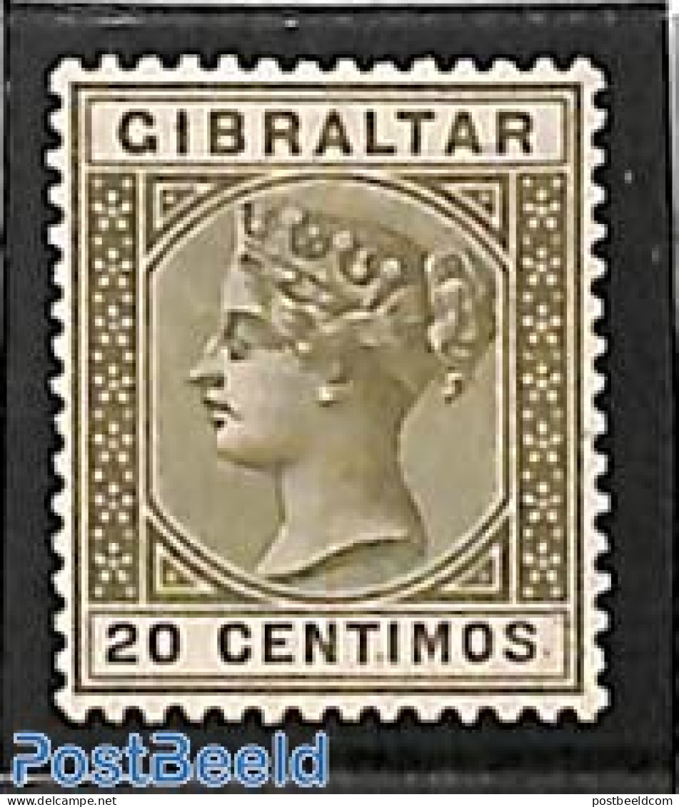 Gibraltar 1895 20c, Greeolive/olivebrown 1v, Unused (hinged) - Gibraltar