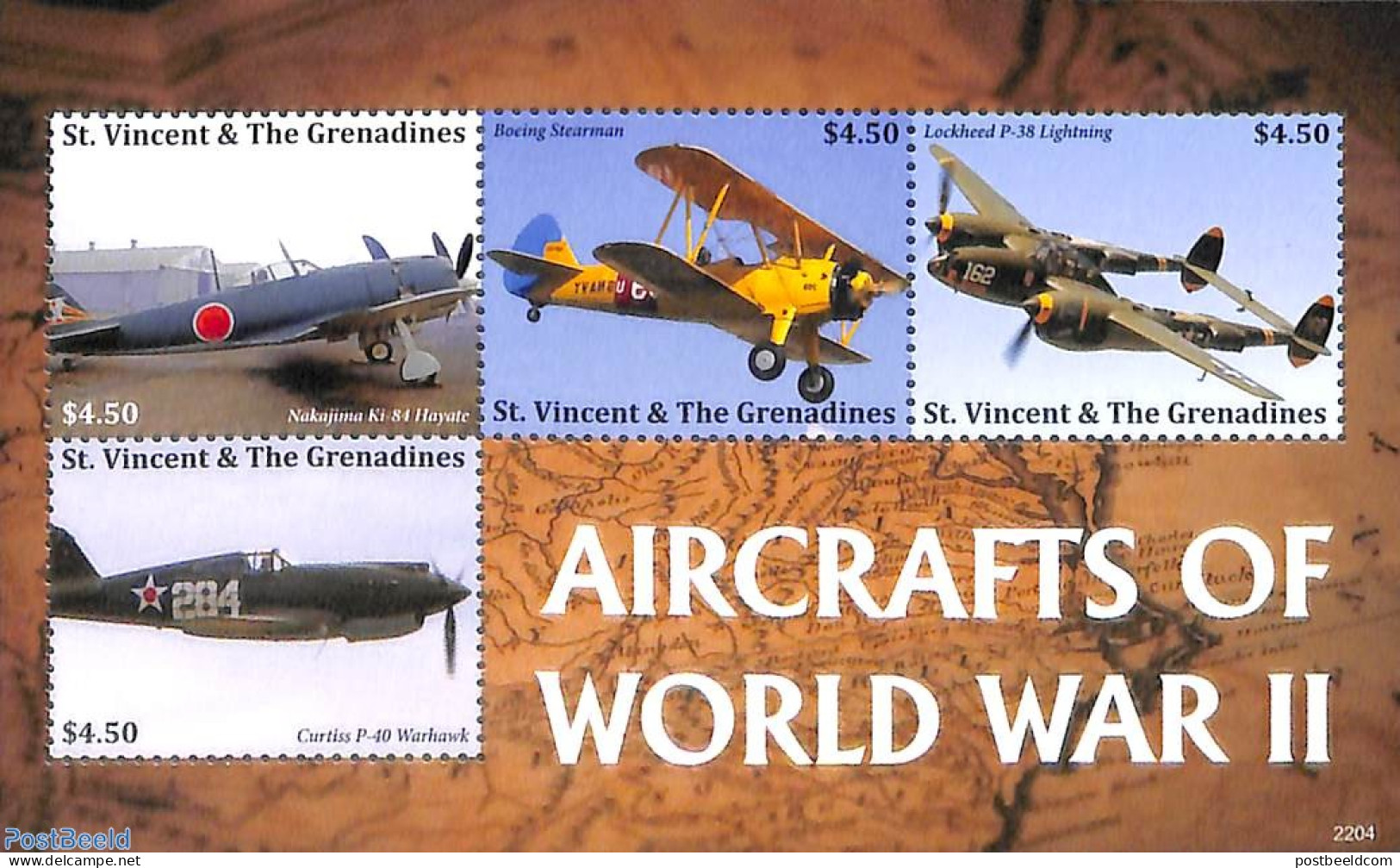 Saint Vincent 2022 Aircrafts Of World War II 4v M/s, Mint NH, History - Transport - World War II - Aircraft & Aviation - WW2