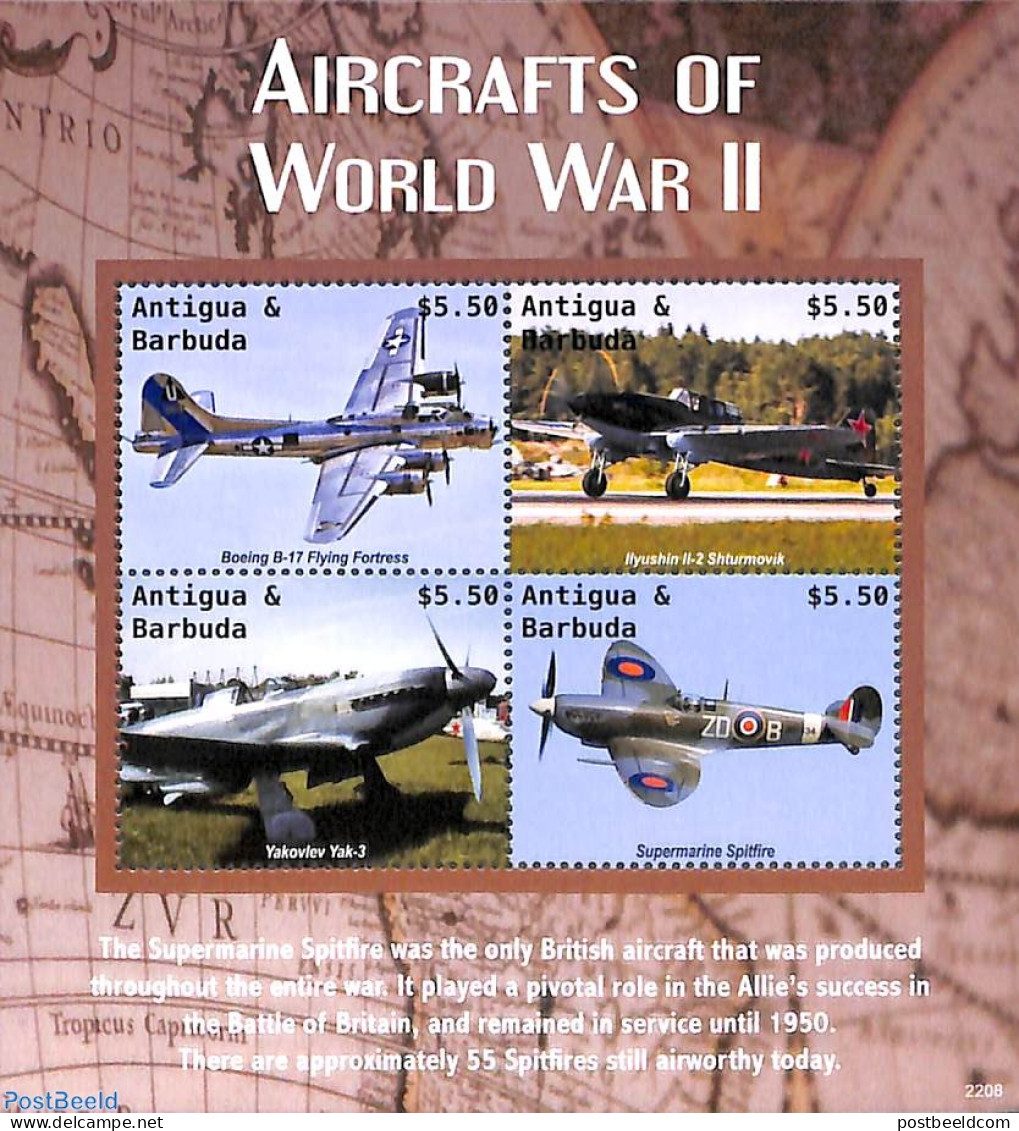 Antigua & Barbuda 2022 Aircraft Of World War II 4v M/s, Mint NH, History - Transport - World War II - Aircraft & Aviat.. - Guerre Mondiale (Seconde)