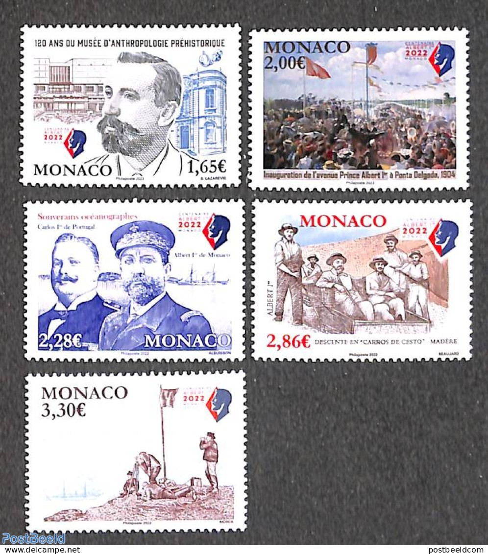 Monaco 2022 Albert I 5v, Mint NH, History - Transport - Kings & Queens (Royalty) - Ships And Boats - Nuevos