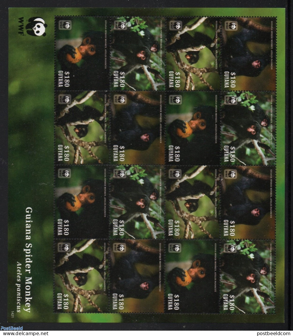 Guyana 2014 WWF, Spider Monkey M/s With 4 Sets, Mint NH, Nature - Animals (others & Mixed) - Monkeys - World Wildlife .. - Guyana (1966-...)