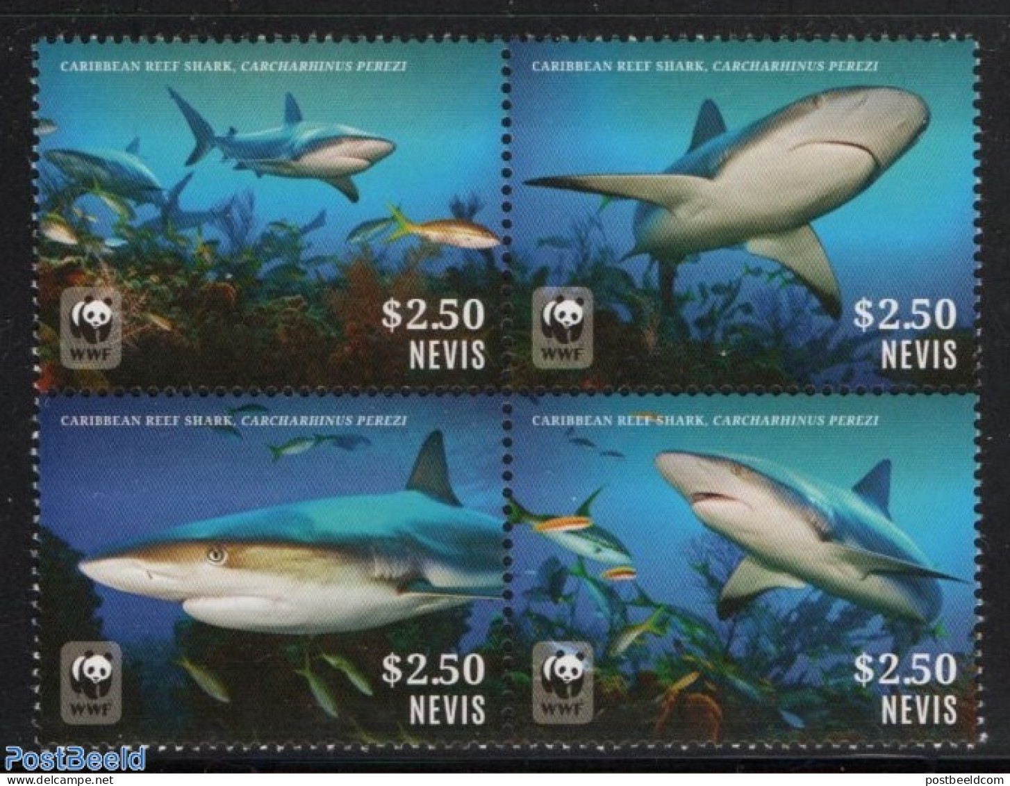 Nevis 2014 WWF, Caribbean Reef Shark $2,50, 4v [+], Mint NH, Nature - Fish - World Wildlife Fund (WWF) - Sharks - Fische