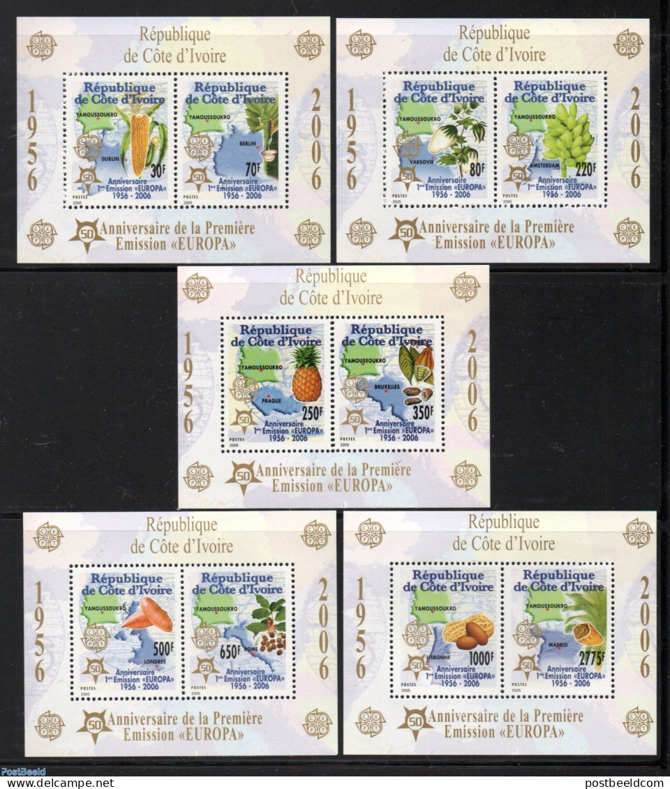 Ivory Coast 2005 50 Years Europa Stamps 5 S/s, Mint NH, History - Nature - Various - Europa Hang-on Issues - Fruit - M.. - Ungebraucht