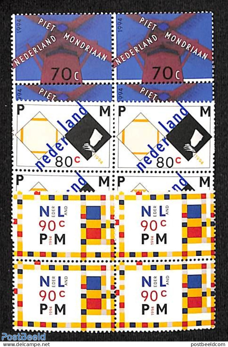 Netherlands 1994 Piet Mondriaan 3v, Blocks Of 4 [+], Mint NH, Art - Modern Art (1850-present) - Paintings - Ungebraucht