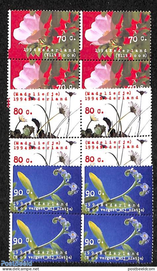 Netherlands 1994 Flowers 3v, Blocks Of 4 [+], Mint NH, Nature - Flowers & Plants - Unused Stamps