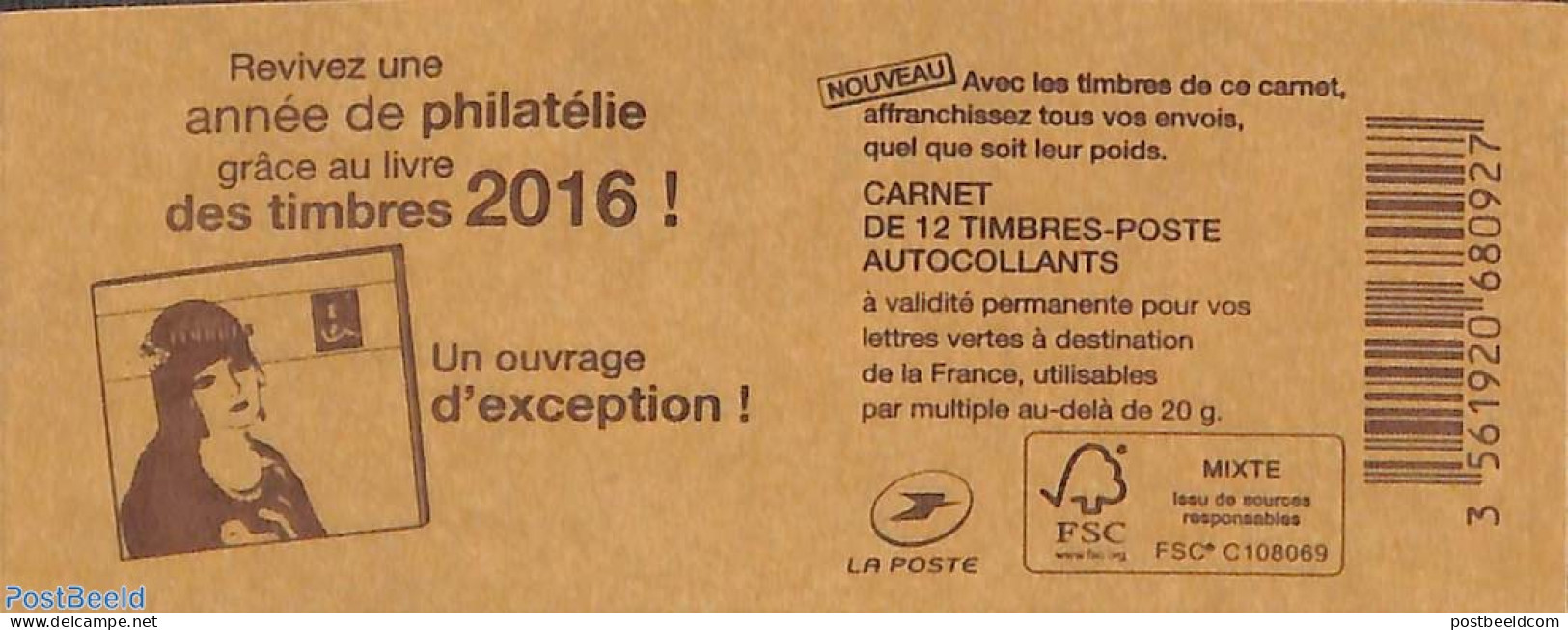 France 2016 Le Livre Des Timbres, Booklet With 12x Vert S-a, Mint NH, Stamp Booklets - Neufs