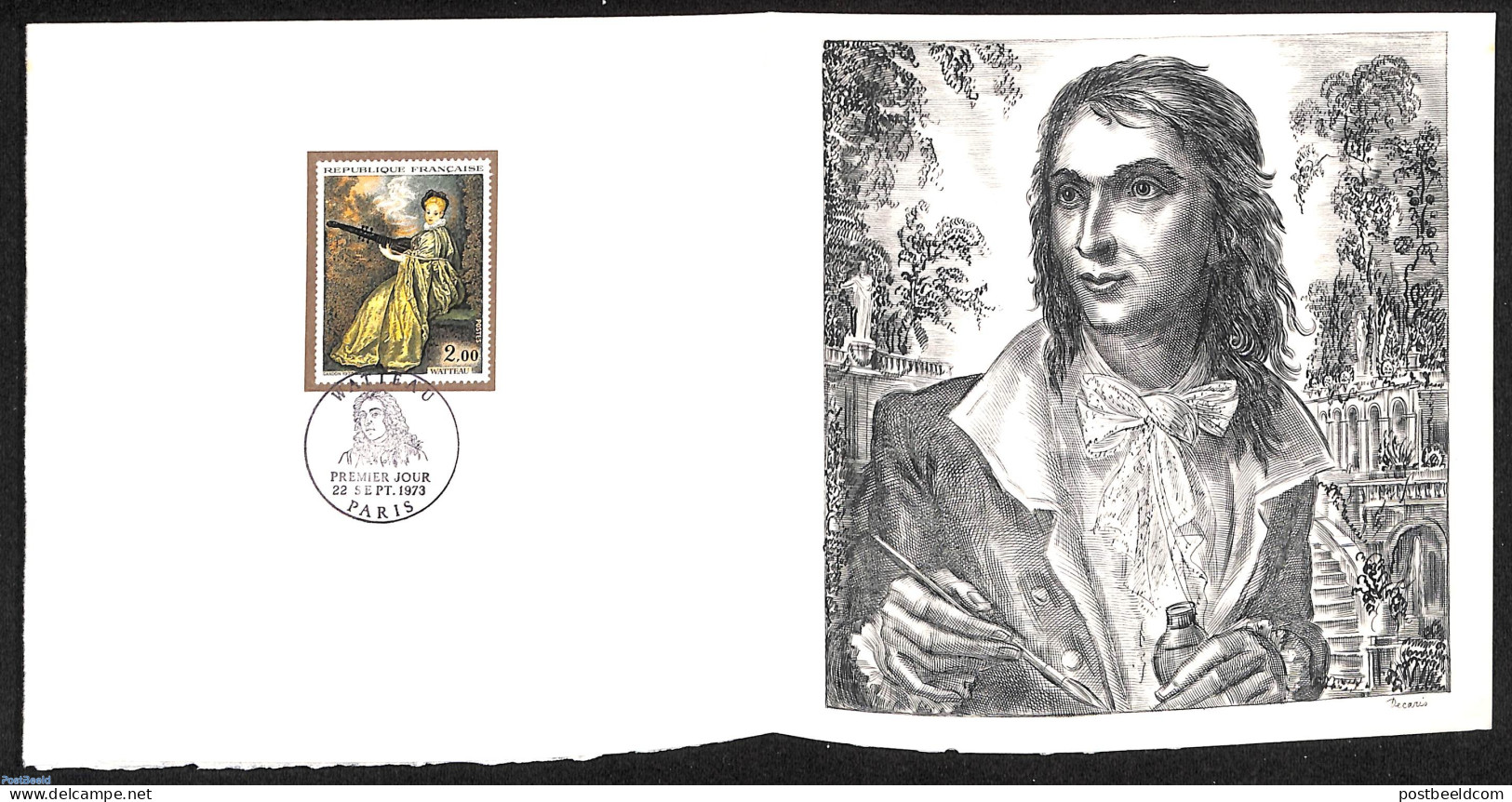 France 1973 Oevre De Watteau-La Finette, Special FDC Leaf On Handmade Paper With Decaris Gravure, Limited Ed., Postal .. - Lettres & Documents