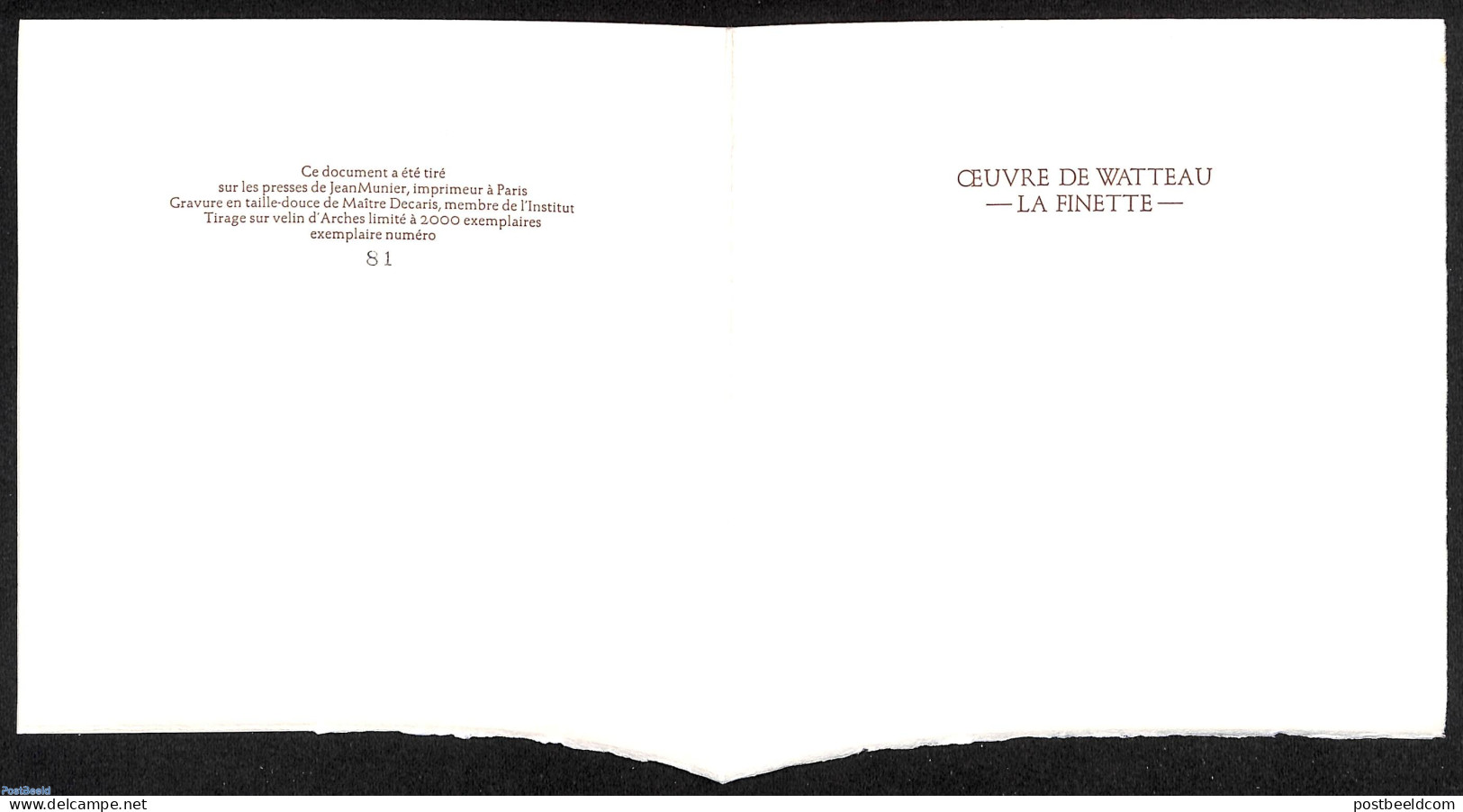 France 1973 Oevre De Watteau-La Finette, Special FDC Leaf On Handmade Paper With Decaris Gravure, Limited Ed., Postal .. - Brieven En Documenten