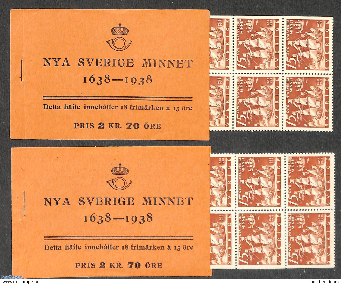 Sweden 1938 Delaware, 2 Booklets With 18x15ö Stamps B/D Perf., Mint NH, Transport - Stamp Booklets - Ships And Boats - Neufs
