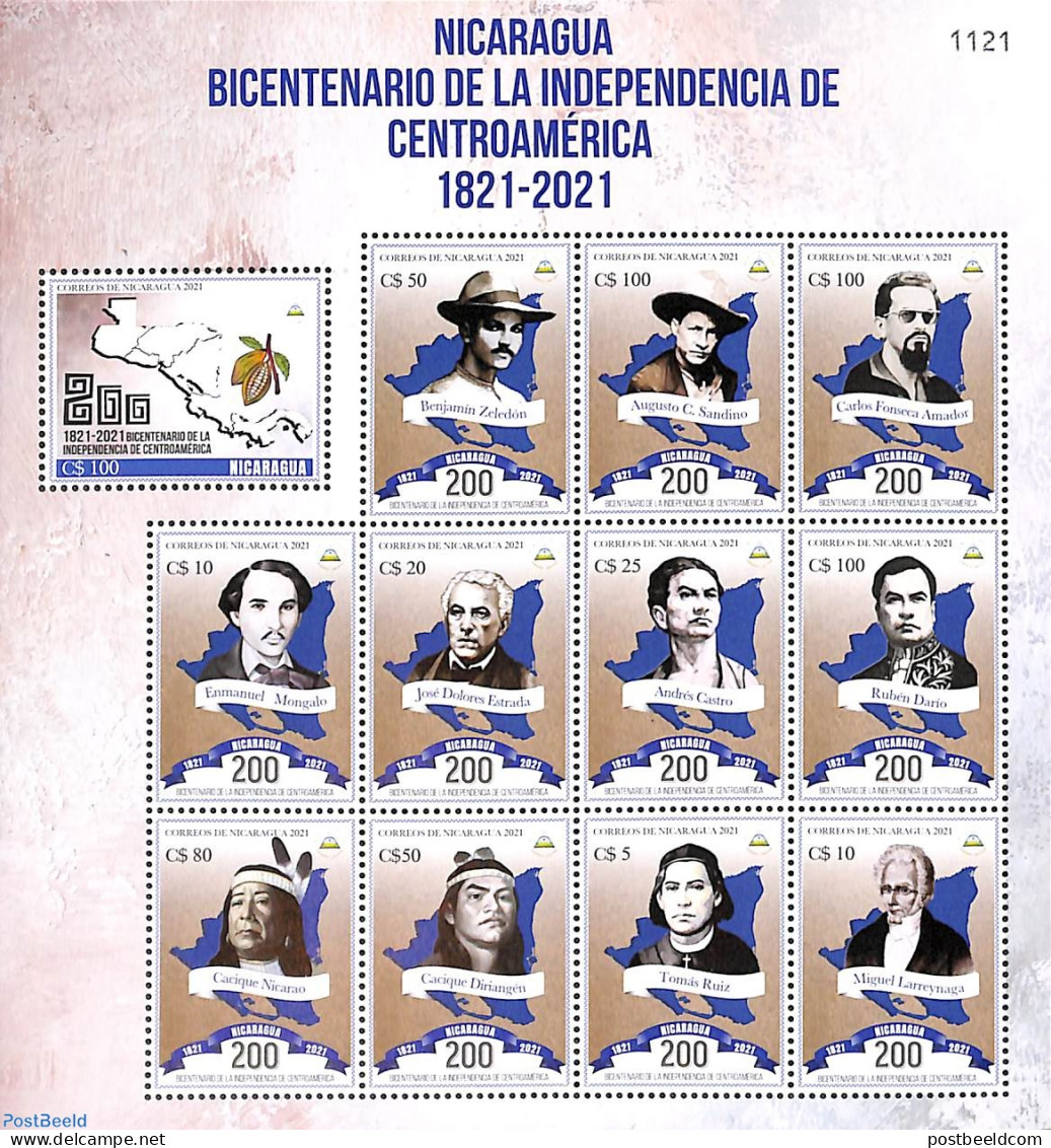 Nicaragua 2021 Indepence Of Central America 12v M/s, Mint NH, History - Various - Politicians - Maps - Géographie