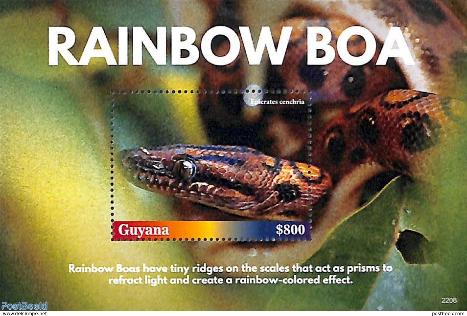 Guyana 2022 Rainbow Boa S/s, Mint NH, Nature - Reptiles - Snakes - Guyana (1966-...)