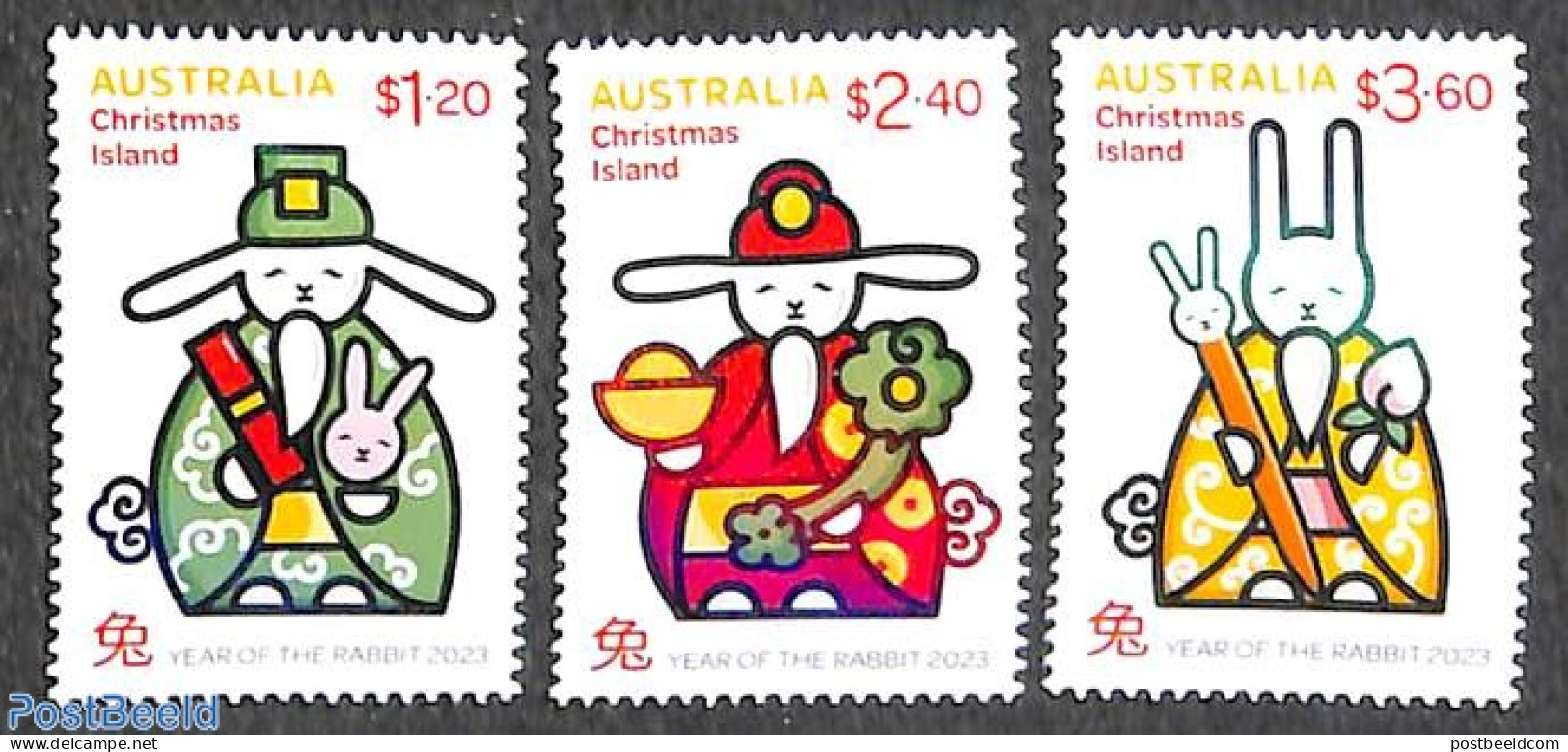 Christmas Islands 2023 Year Of The Rabbit 3v, Mint NH, Nature - Various - Rabbits / Hares - New Year - New Year