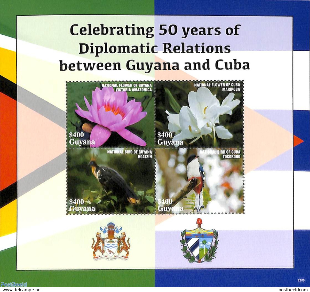 Guyana 2022 Diplomatic Relations With Cuba 4v M/s, Mint NH, Nature - Birds - Flowers & Plants - Guyane (1966-...)