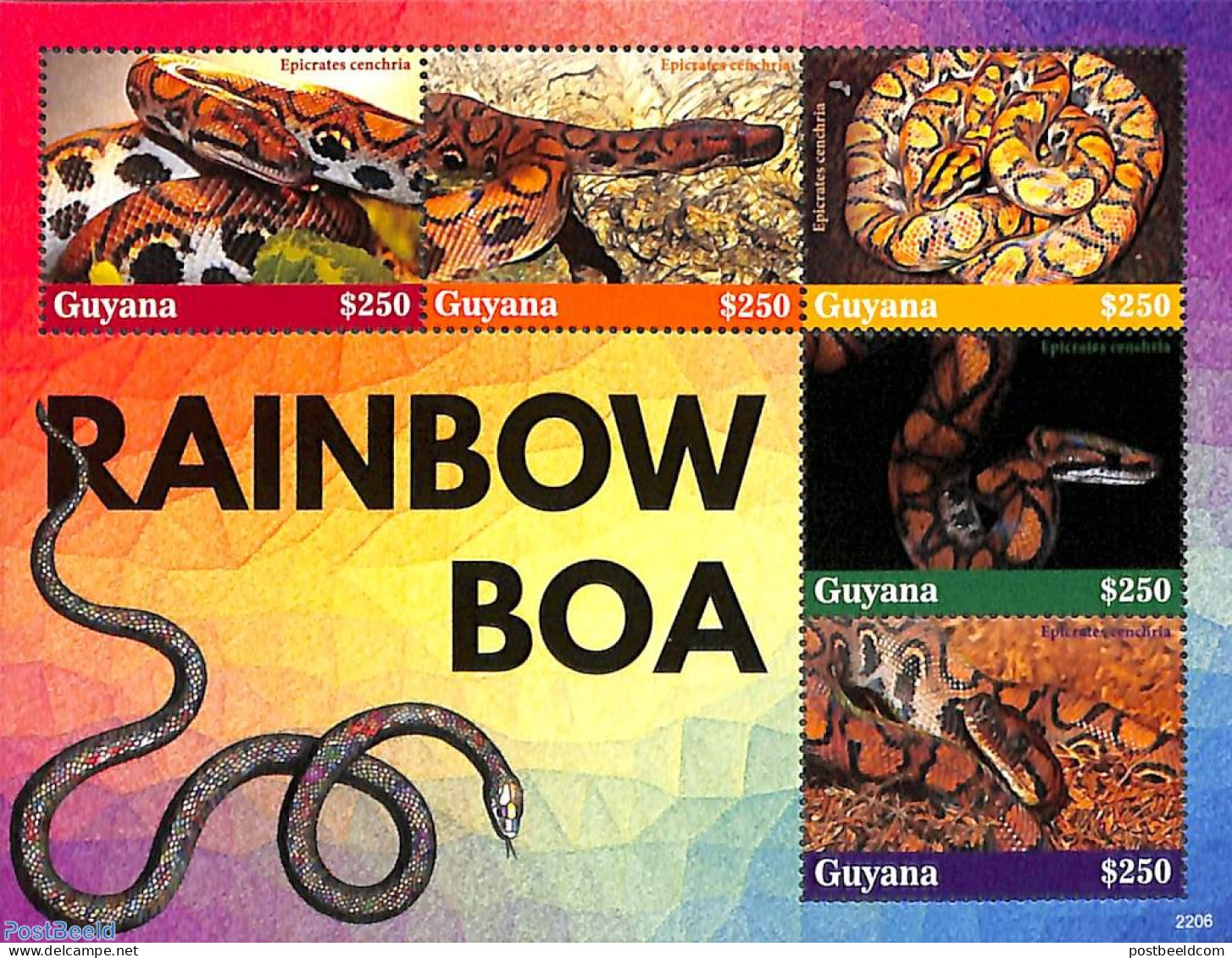 Guyana 2022 Rainbow Boa 5v M/s, Mint NH, Nature - Reptiles - Snakes - Guyane (1966-...)