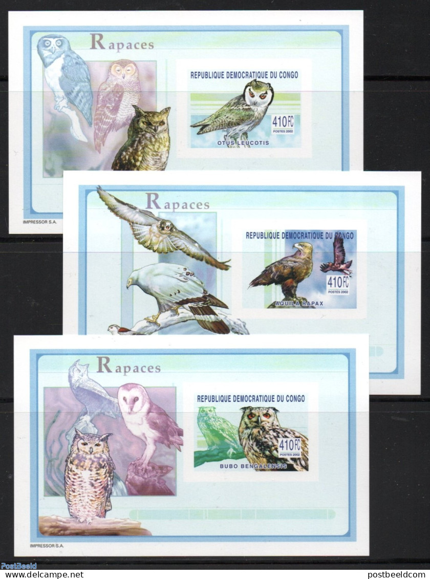 Congo Dem. Republic, (zaire) 2003 Birds Of Prey 3 S/s, Imperforated, Mint NH, Nature - Birds - Birds Of Prey - Owls - Autres & Non Classés