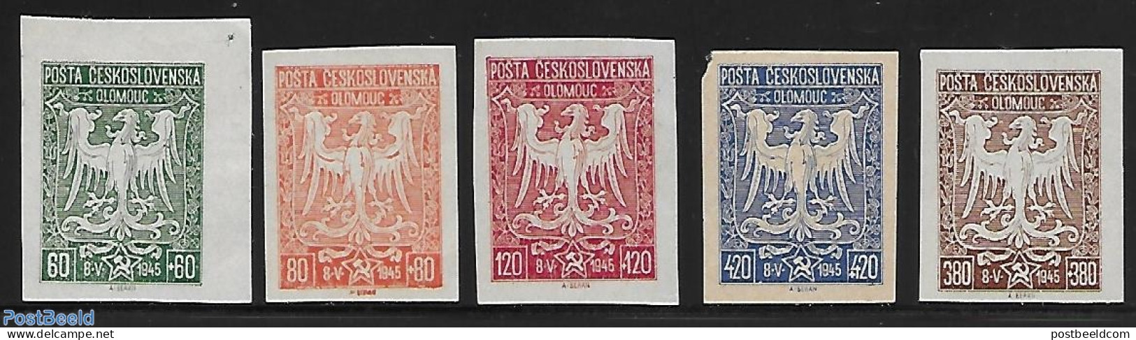 Czechoslovkia 1945 Proofs 5 V. Olomouw. Issued Without Gum., Unused (hinged), History - World War II - Sonstige & Ohne Zuordnung