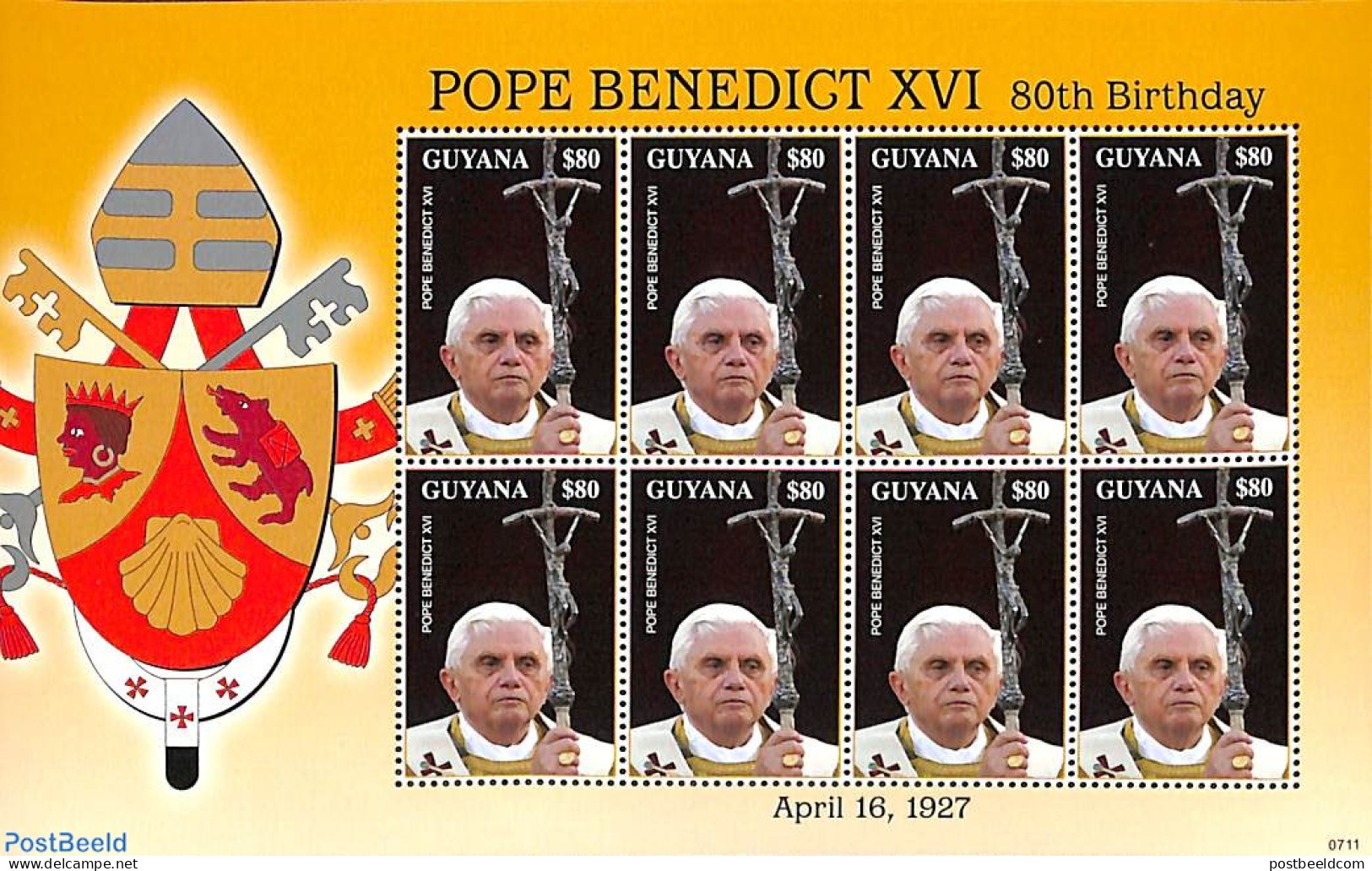 Guyana 2007 Pope Benedict XVI M/s, Mint NH, Religion - Pope - Pausen