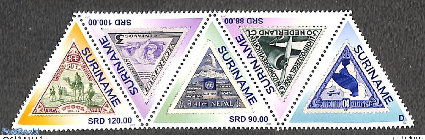 Suriname, Republic 2023 Triangle Stamps 5v, Mint NH, Nature - Transport - Birds - Camels - Stamps On Stamps - Aircraft.. - Timbres Sur Timbres