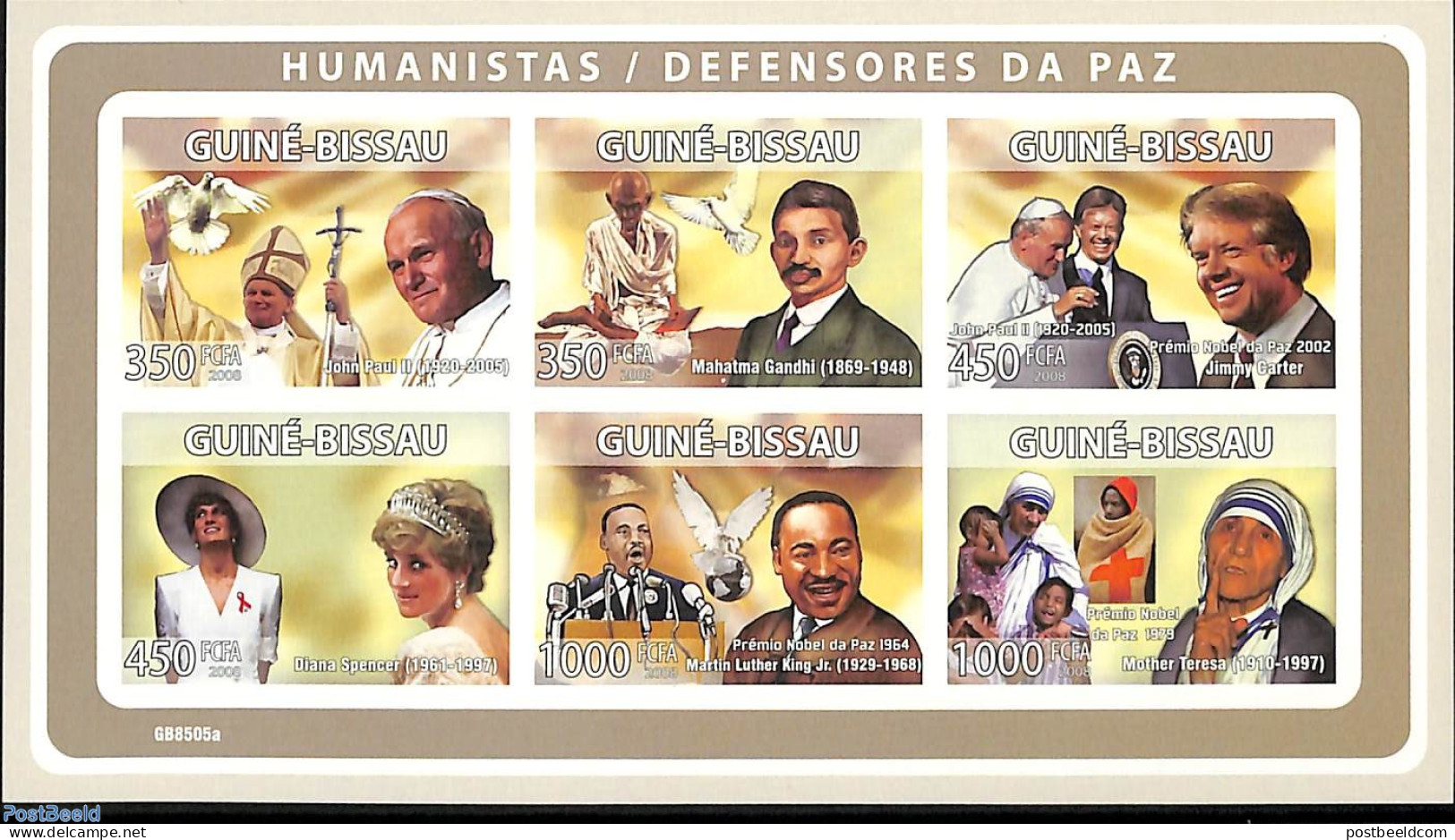 Guinea Bissau 2008 Humanitary Personalities 6v M/s, Imperforated, Mint NH, History - Religion - Charles & Diana - Gand.. - Königshäuser, Adel