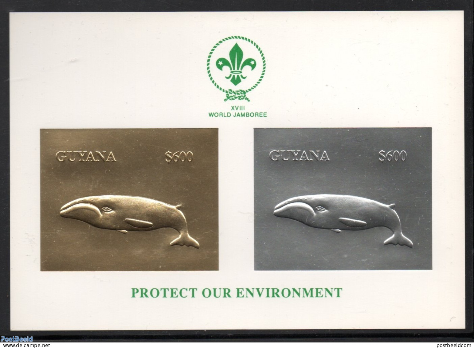 Guyana 1993 World Jamboree, Whale (silver, Gold), Mint NH, Nature - Sport - Sea Mammals - Scouting - Guyane (1966-...)