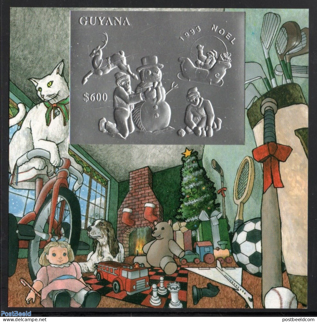 Guyana 1993 Christmas S/s, Silver, Mint NH, Nature - Religion - Sport - Transport - Various - Dogs - Christmas - Baseb.. - Noël