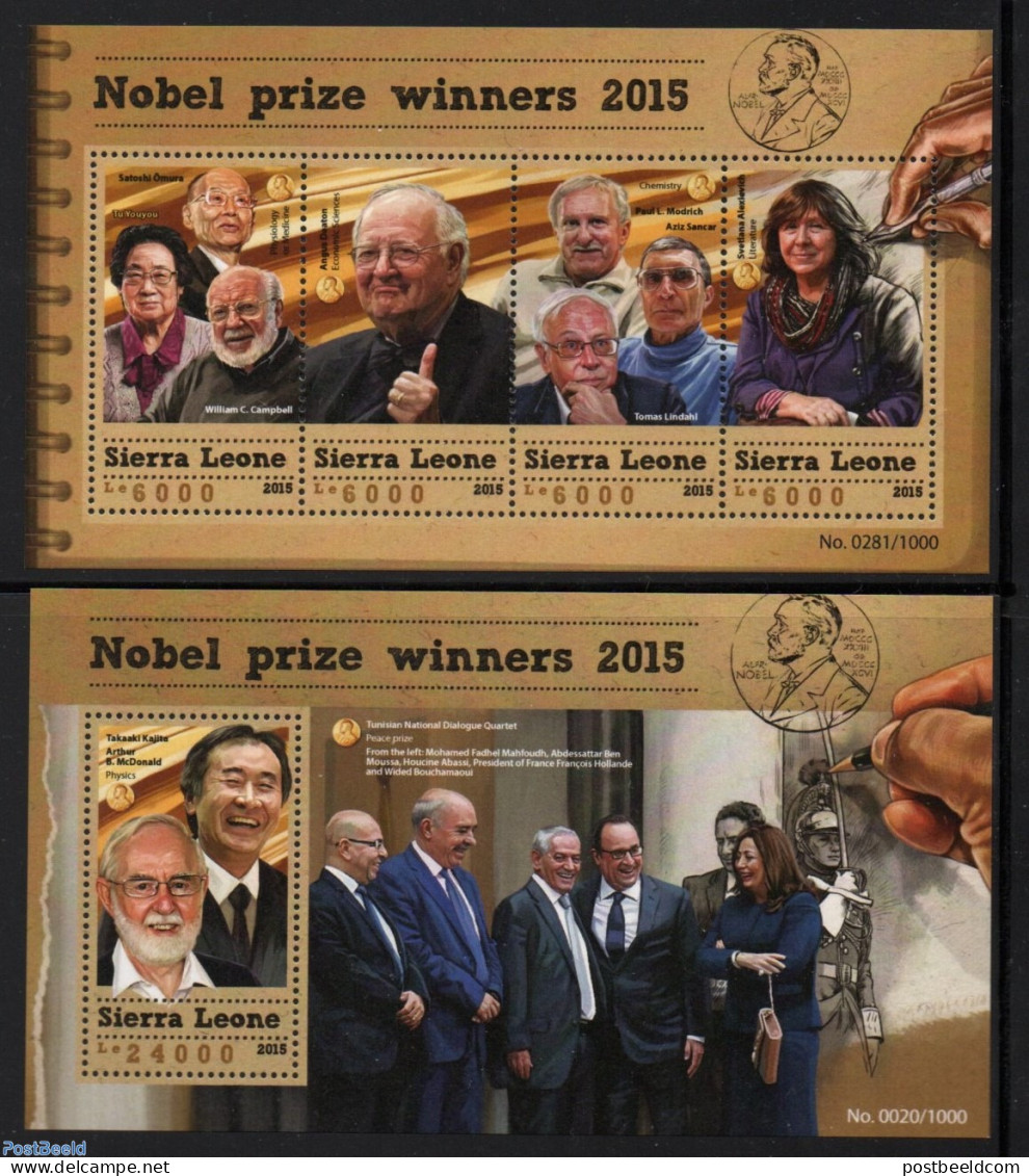Sierra Leone 2015 Nobel Prize Winners 2 S/s, Mint NH, History - Science - French Presidents - Nobel Prize Winners - Pe.. - De Gaulle (Général)
