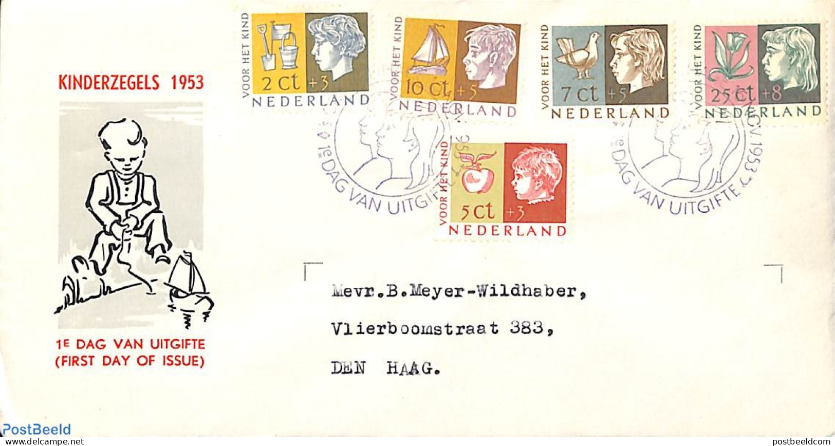 Netherlands 1953 Child Welfare FDC, Typed Address, Open Flap, First Day Cover - Brieven En Documenten