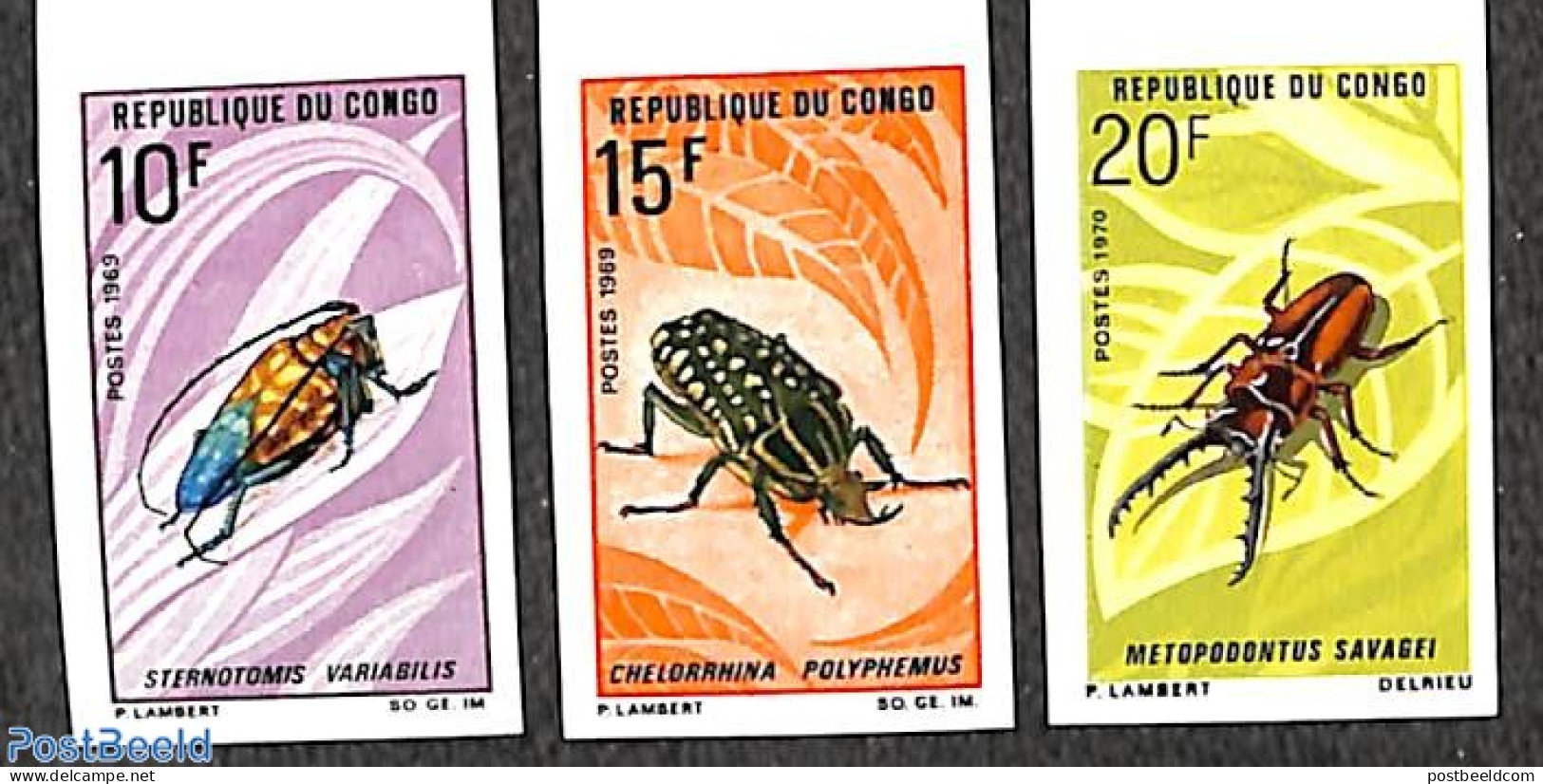 Congo Republic 1970 Insects 3v, Imperforated, Mint NH, Nature - Insects - Autres & Non Classés