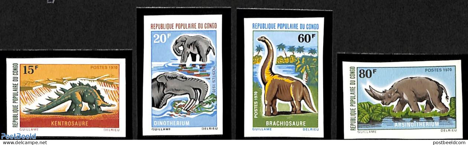 Congo Republic 1970 Prehistoric Animals 4v, Imperforated, Mint NH, Nature - Prehistoric Animals - Préhistoriques
