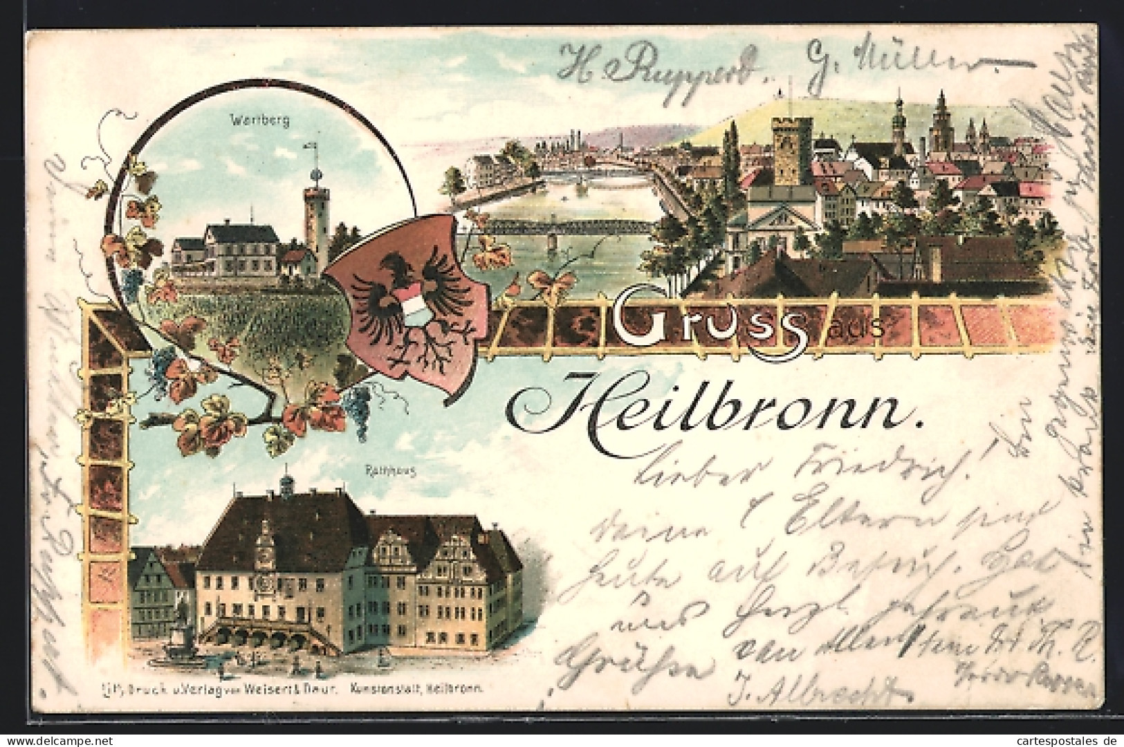 Lithographie Heilbronn, Wartberg, Rathaus, Ortsansicht  - Heilbronn