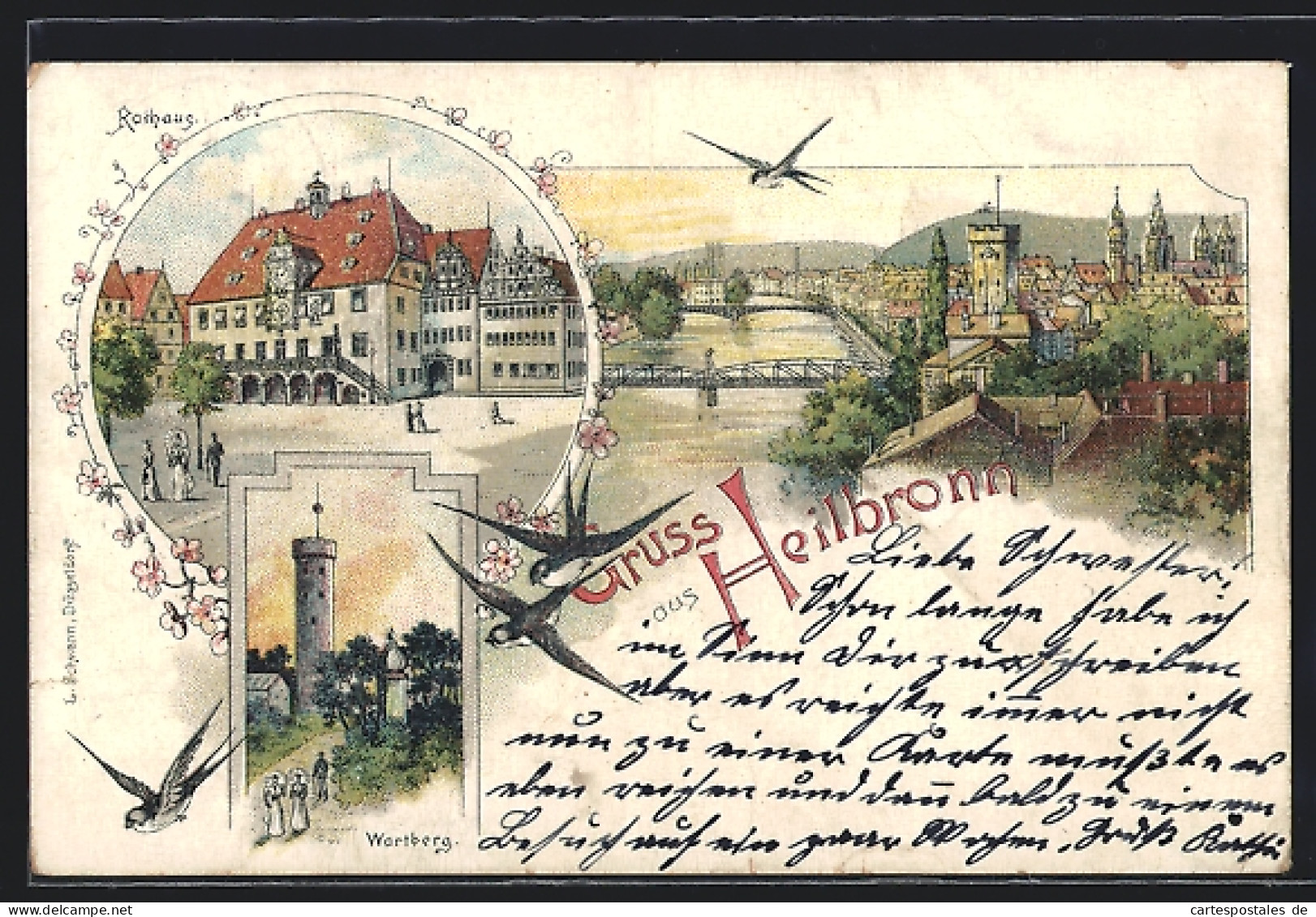 Lithographie Heilbronn, Teilansicht Mit Brücke, Rathaus, Wartberg  - Heilbronn