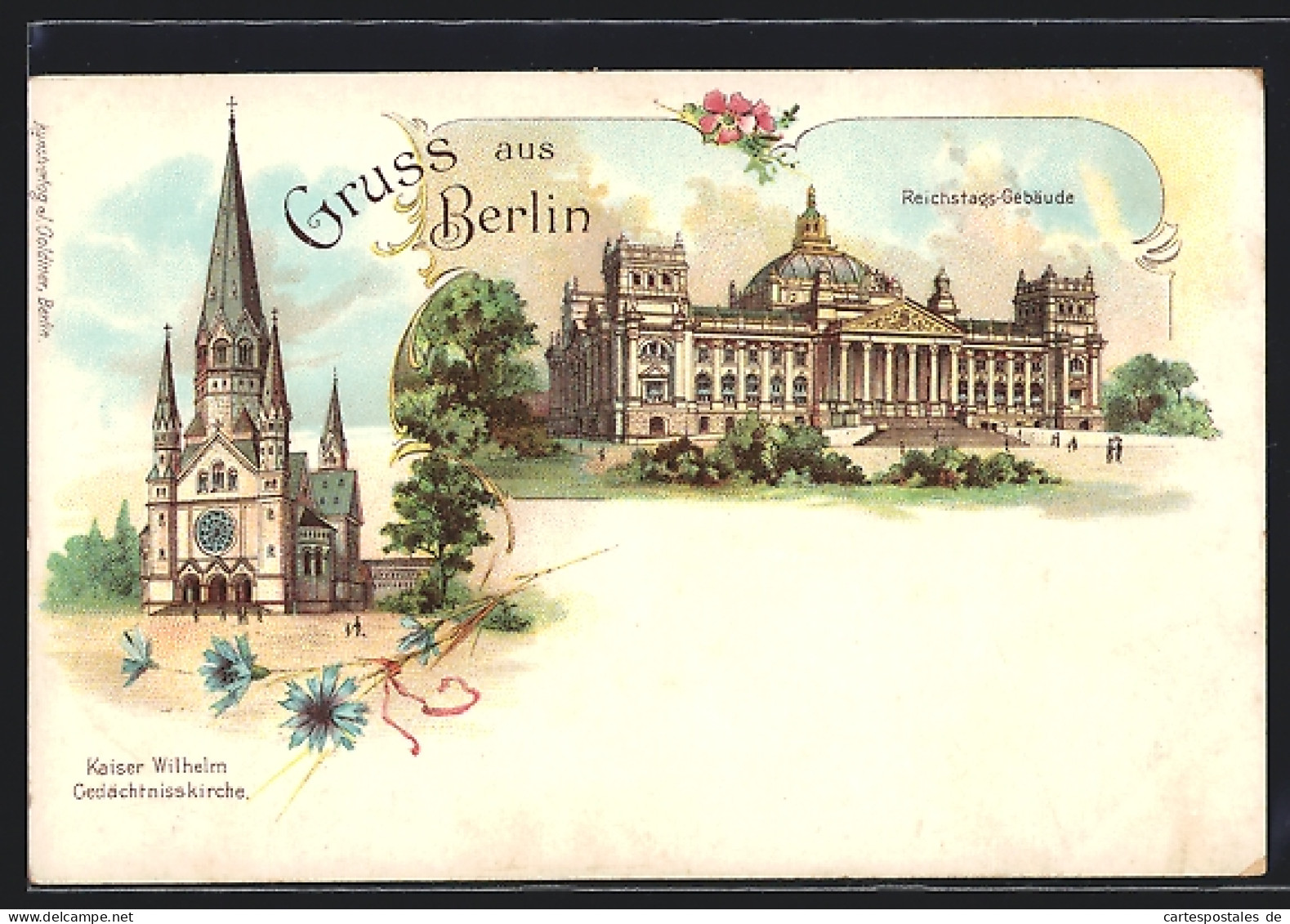 Lithographie Berlin-Tiergarten, Reichstagsgebäude Und Kaiser Wilhelm-Gedächtniskirche  - Dierentuin